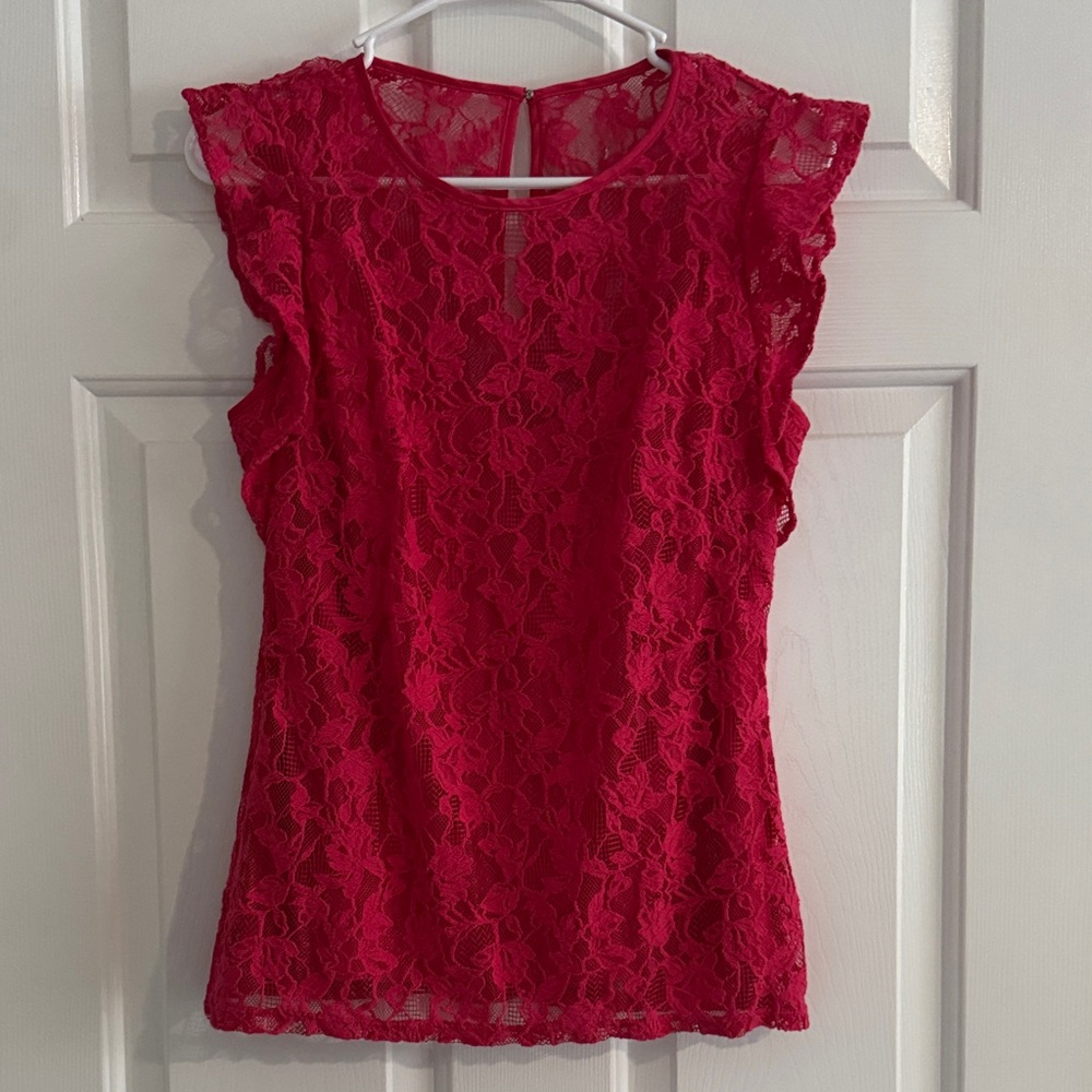 White House Black Market Fuchsia Lace Cap-Sleeve Blouse